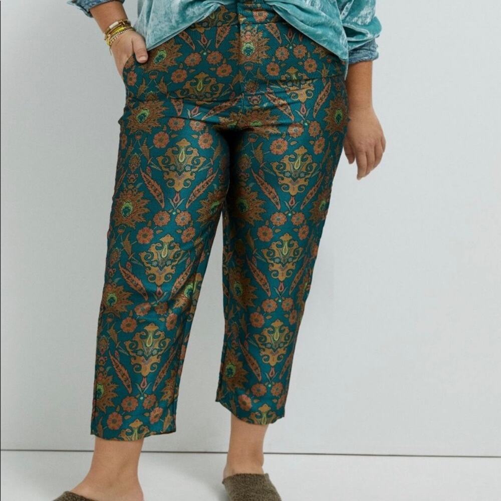 Maeve Anthropology Melyssa Jacquard Metallic Jade Green Paisley Trouser Pants M